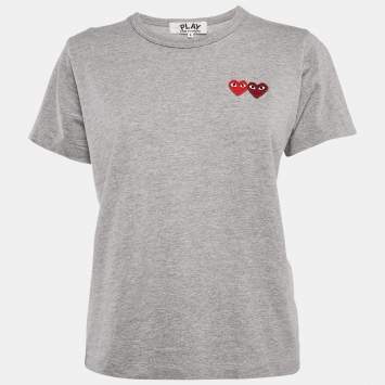 Pre Owned Comme des Garcons Play Grey Reverse Heart Embroidered Cotton T-Shirt L