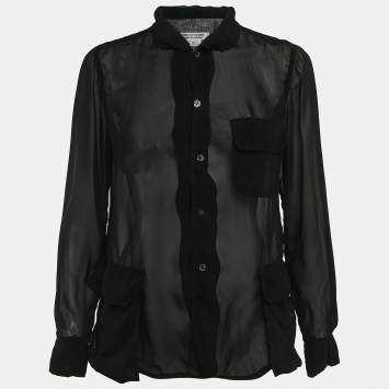 Pre Owned Comme des Garcons Black Crepe Long Sleeve Sheer Shirt M
