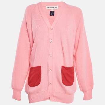 Pre Owned Comme des Garçons Pink Knit Contrast Pocket Detail Button Front Cardigan S