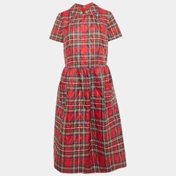 Pre Owned Comme des Garçons Red Tartan Synthetic Quilted Midi Dress M