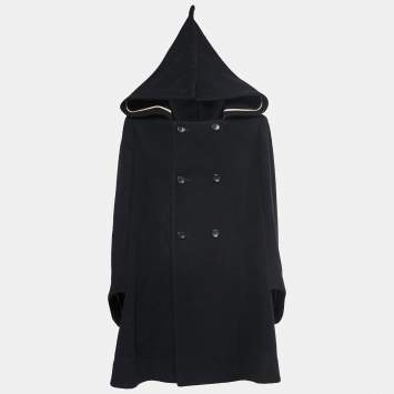 Pre Owned Comme des Garcons Black Wool Hooded Double Breasted Long Coat S