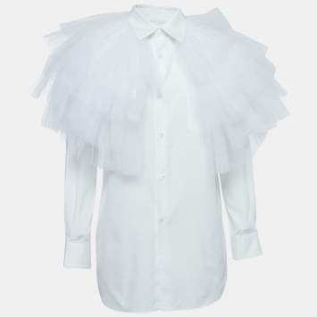 Pre Owned Comme des Garcons White Cotton Ruffled Tulle Shirt S