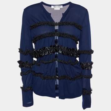 Pre Owned Comme des Garcons Navy Blue Jersey Frill Detail Cut Out Detail Top L