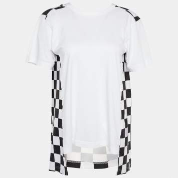 Pre Owned Comme des Garcons White Cotton Knit Checkered Satin Asymmetric Hem T-Shirt M