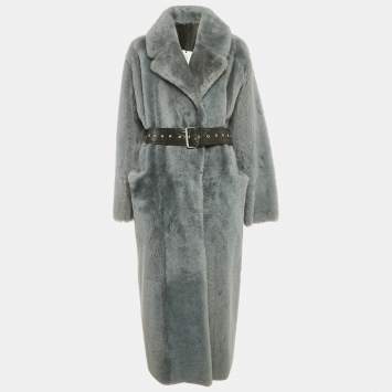 مملوكة مسبقًا Common Leisure Blue Shearling and Leather Belted Coat S