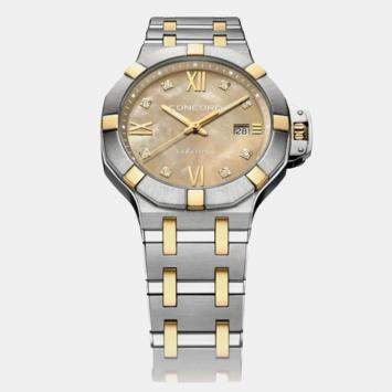 Pre Owned Concord Beige MOP Diamond Stainless Steel 18k Yellow Gold Saratoga 0320535 Quartz Women's Wristwatch 31 mm 