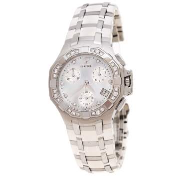 Pre Owned Concord White Mother of Pearl Stainless Steel Diamonds Saratoga 14.H1.1881S Women's Wristwatch 33 mm