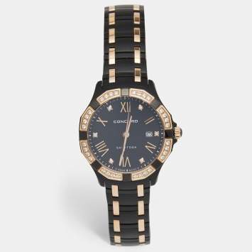 Pre Owned Concord Black Diamond 18k Rose Gold PVD Coated Stainless Steel Saratoga 02.3.68.1117S Women's Wristwatch 31 mm