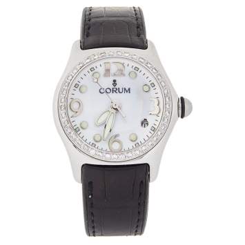 Pre Owned Corum White Stainless Steel & Leather Diamond Bubble 39.250.20 Women's Wristwatch 36 mm