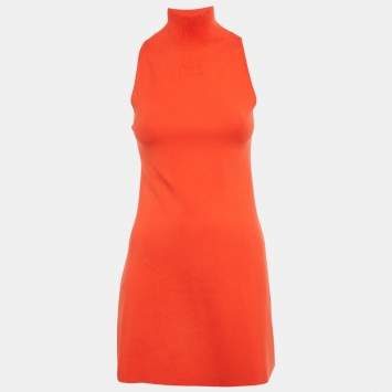 Pre Owned Courrèges Orange Logo Embossed Knit A-Line Mini Dress S