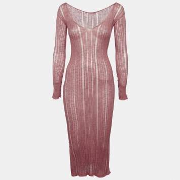Pre Owned Cult Gaia Pink Lurex Rib Knit Semi Sheer Bodycon Dress S