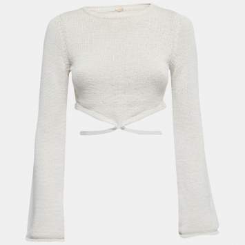 Pre Owned Cult Gaia Beige Knit Bell Sleeve Tie Detail Crop Top M