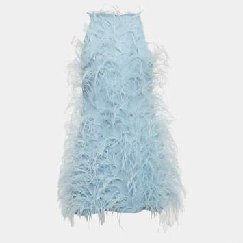 Pre Owned Cult Gaia Blue Feather Trim Crepe Mini Shannon Dress S