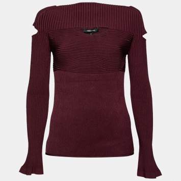Pre Owned Cushnie et Ochs Burgundy Rib Knit Cut-Out Detail Sweater XL