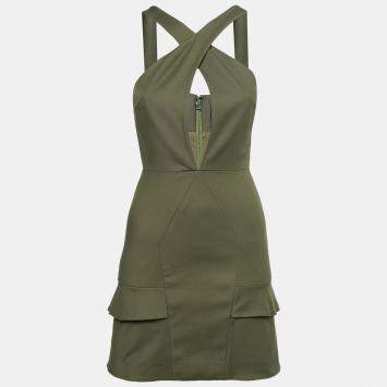 Pre Owned Cushnie Et Ochs Safari Green Stretch Cotton Keyhole Detail Mini Dress XS 