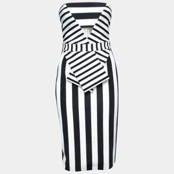 Pre Owned Cushnie Et Ochs Black and White Striped Neoprene Strapless Dress XS 