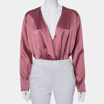 Pre Owned Cushnie et Ochs Pink Silk Charmeuse Faux Wrap  Body Suit L