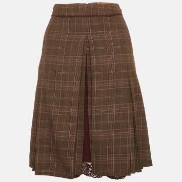 مملوكة مسبقًا تنورة دي أند جي صوف مزيج بنية كاروهات مثنية ميني مقاس صغير