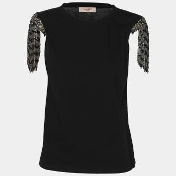 Pre Owned Twinset Black Cotton Fringes Tank Top XS