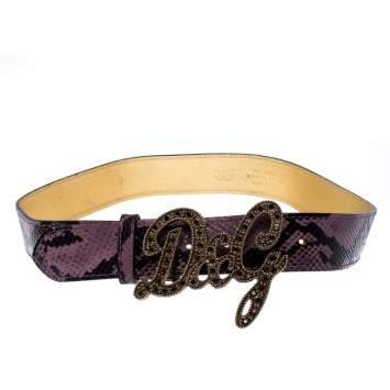 Pre Owned D&G Purple Snake Embossed Leather Crystal Embellished Logo Buckle Belt Size 90