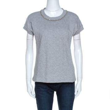 Pre Owned D&G Grey Quilted Cotton Knit Chain Detail Top M 