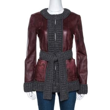 Pre Owned D & G Burgundy Lamb Leather Rib Knit Trim Jacket M