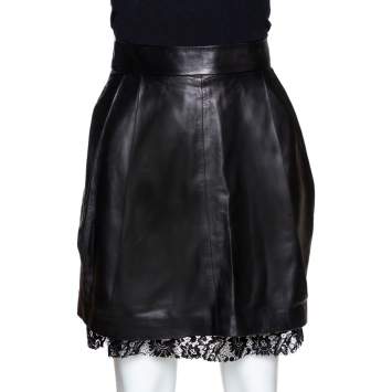 Pre Owned D&G Black Lamb Leather Lace Trim A Line Skirt S