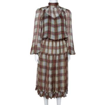 مملوكة مسبقًا D&G Grey Plaid Print Silk Ruffled Midi Dress M