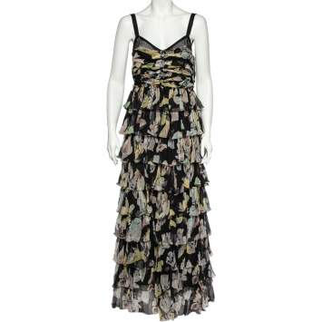 Pre Owned D&G Black Floral Print Silk Crepe Tiered Maxi Dress L