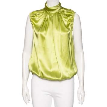 Pre Owned D&G Green Silk Pleated Yolk Detailed Sleeveless Blouse M