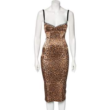 مملوكة مسبقًا D&G Brown Animal Printed Textured Cotton Sleeveless Sheath Dress S