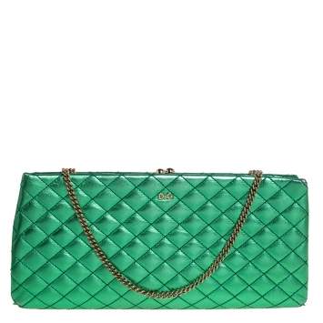Pre Owned D & G Metallic Green Quilted Leather Vania Chain Clutch