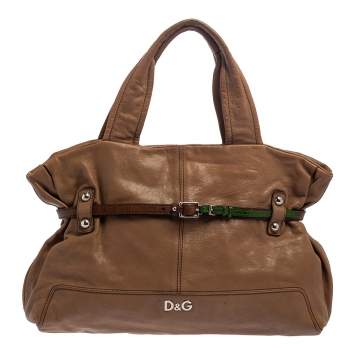 Pre Owned D&G Brown Leather With Green Patent Strap Bag Isotta Tote 