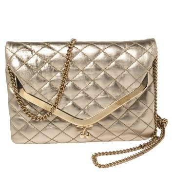 Pre Owned D&G Metallic Gold Quilted Leather Kisslock Foldover Chain Clutch