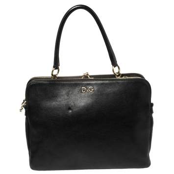 Pre Owned D & G Black Leather Lily Twist Kiss Lock Top Handle Bag