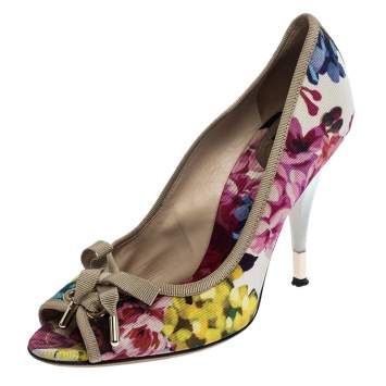 Pre Owned D and G Multicolor Floral Printed Fabric Bow Peep Toe Pumps 37