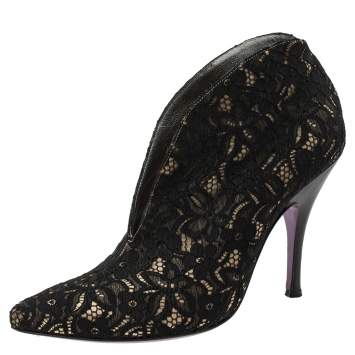 Pre Owned D&G Black Lace Scallop Pointed Toe Ankle Boots Size 38.5