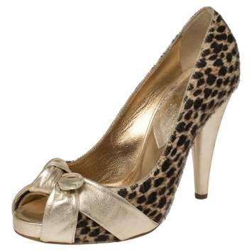 Pre Owned Dolce & Gabbana Gold Leather and Pony Hair Knotted Peep Toe Pumps Size 40