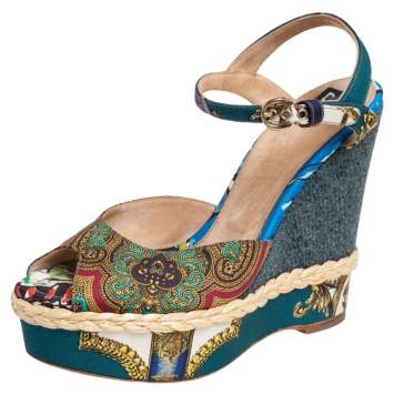 Pre Owned Dolce & Gabbana Multicolor Printed Fabric Wedge Sandals Size 39