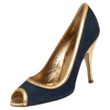 Pre Owned Dolce & Gabbana Blue/Gold Denim and Leather Peep Toe Pumps Size 39