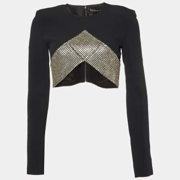Pre Owned David Koma Black Crepe Embellished Crop Top S