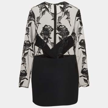 Pre Owned David Koma Black Rose Embroidered Tulle and Crepe Mini Dress L