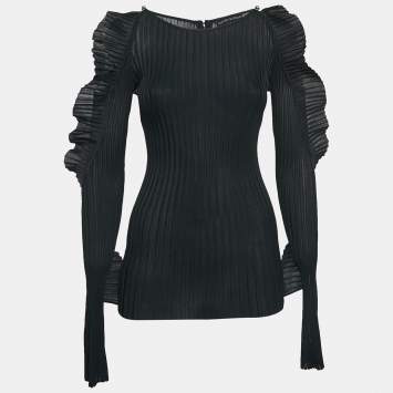 David Koma Black Rib Knit Ruffled Sleeve Bodycon Mini Dress S