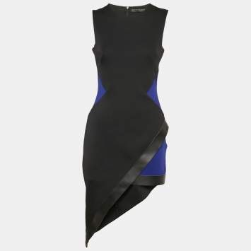 David Koma Black Jersey Panel Detail Leather Trimmed Asymmetric Dress L