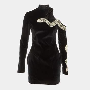 Pre Owned David Koma Black Velvet Embellished Cut-Out Mini Dress S