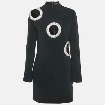 Pre Owned David Koma Black Crystal Embellished Crepe Cut-Out Mini Dress L