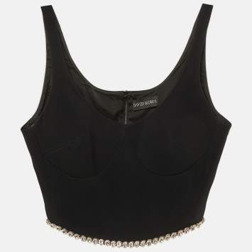 مملوكة مسبقًا توب قصير ديفيد كوما كريب أسود مزين بالكريستال مقاس متوسط - مديوم