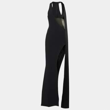 مملوكة مسبقًا David Koma Black Tulle Trim Crepe Cut-Out Maxi Dress S