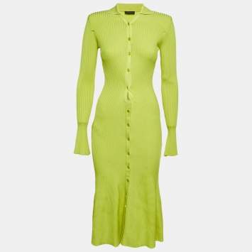 مملوكة مسبقًا David Koma Neon Green Rib Knit Midi Cut-Out Midi Dress M