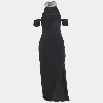 مملوكة مسبقًا David Koma Black Crepe Embellished Neck Dress S
